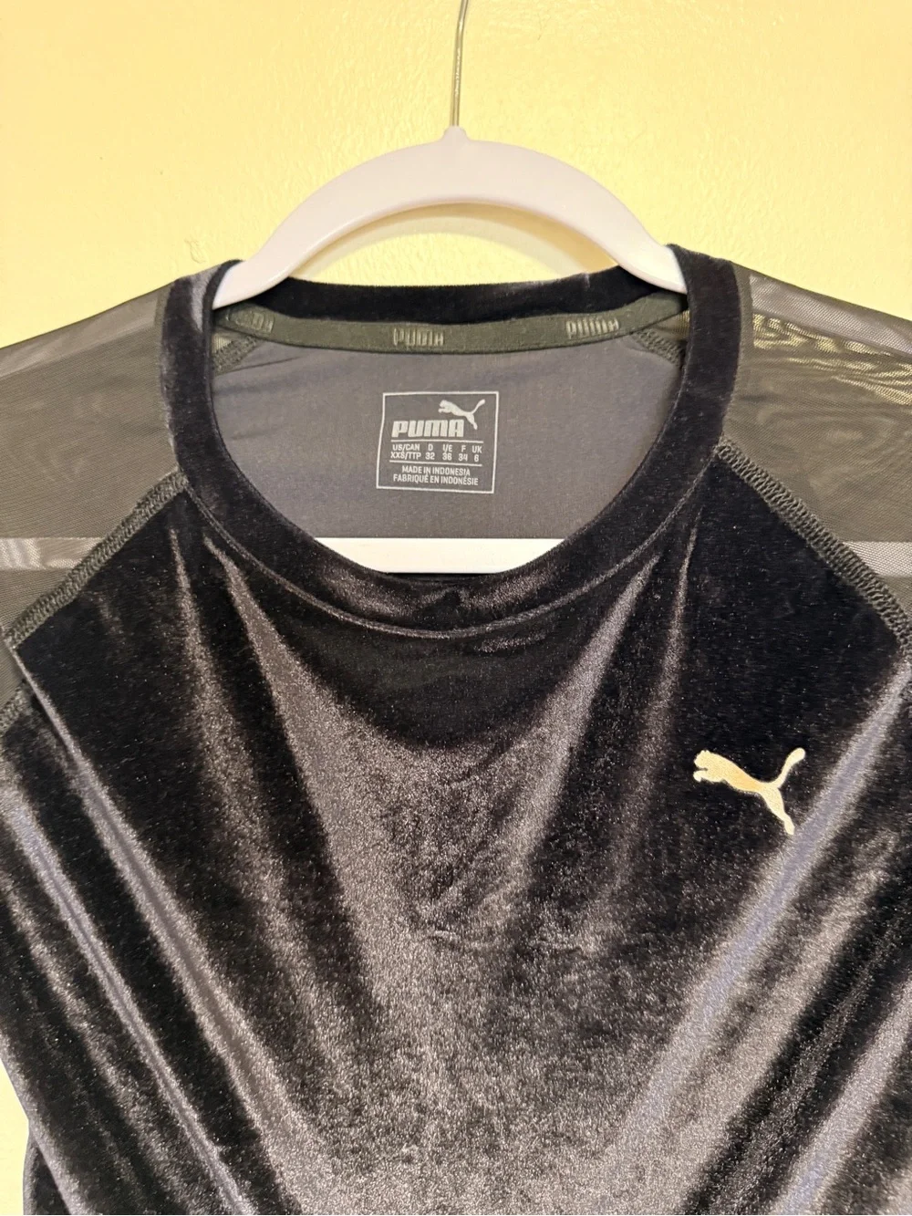Puma Black Velvet Long-Sleeve Crop Top with Mesh Sleeves